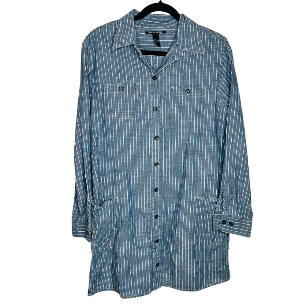 Lucky Brand Mini Denim Shirt Dress Blue Chambray Pin Stripes Cotton Size Small